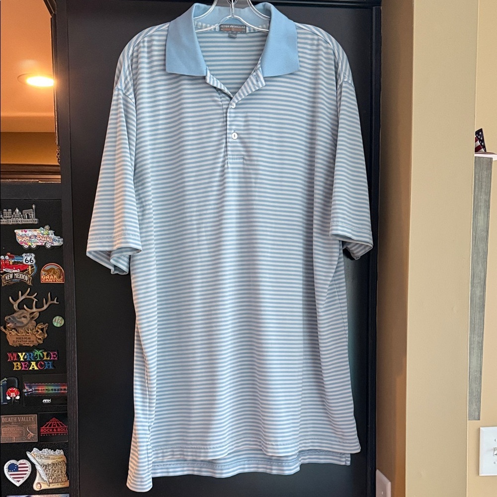 Men's Striped Peter Millar Polo Shirt - Light Blue and White